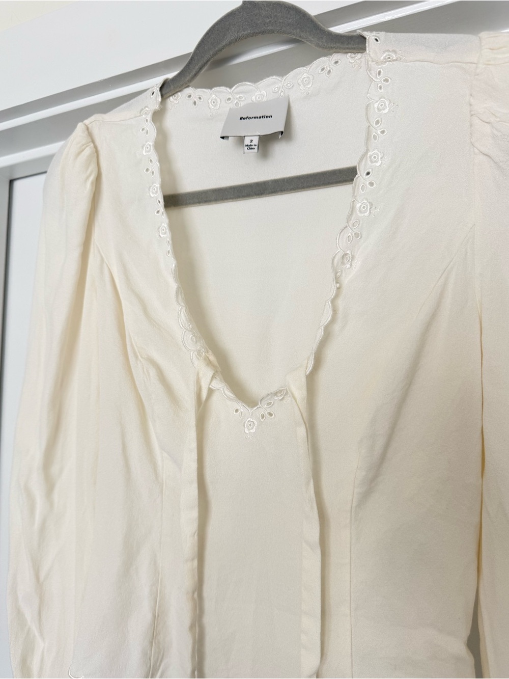 Reformation Ivory Scalloped Tie-Neck Blouse - Picture 6 of 8